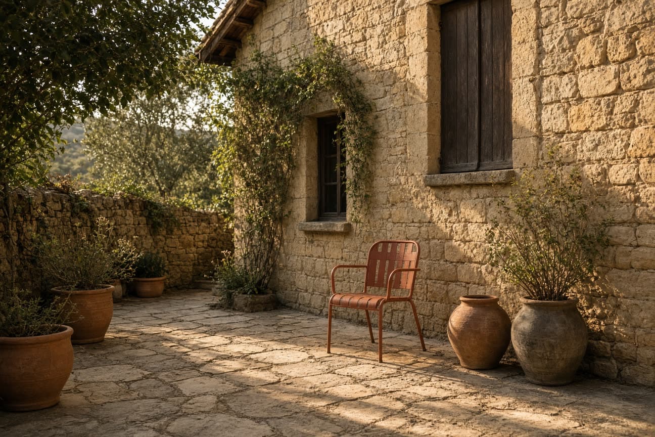 Late-afternoon courtyard of a stone guesthouse, empty terracotta chair in the shade